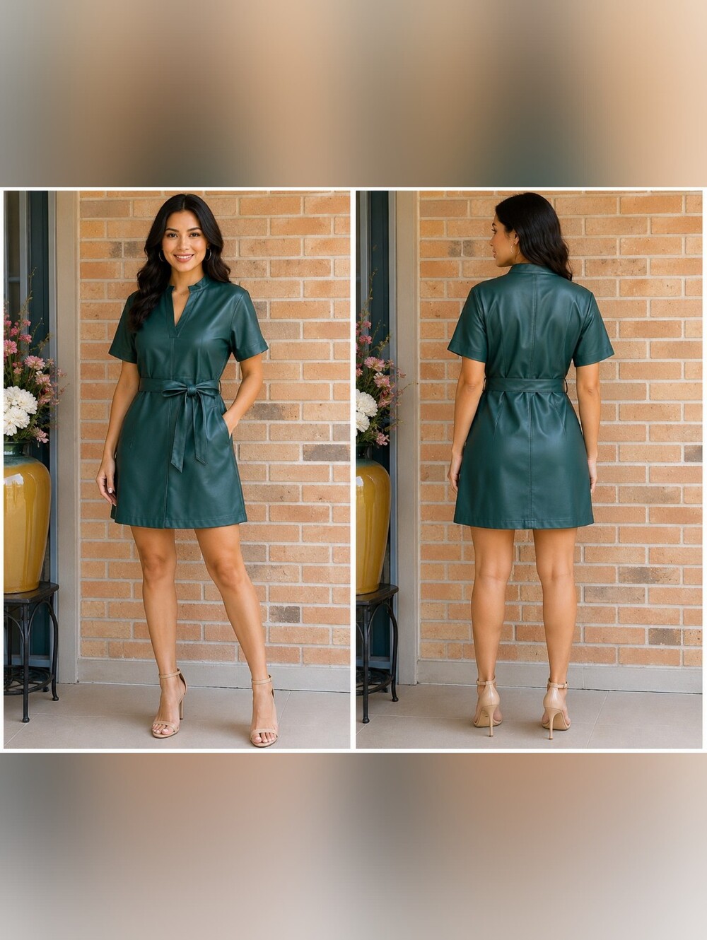 Green Faux Leather Short Sleeve Belted Dress (#A24)